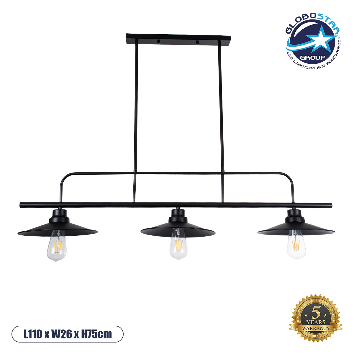 GLOBOSTAR® REGAL 01009 Vintage Φωτιστικό Οροφής με Ντουί 3 x E27 AC 220-240V IP20 - Μαύρο - Μ110 x Π26 x Υ75cm