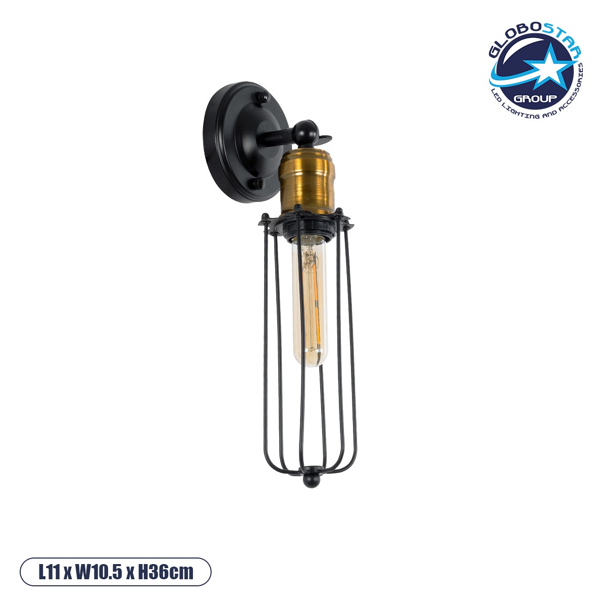 GLOBOSTAR® CATEL 01055 Vintage Φωτιστικό Τοίχου - Απλίκα με Ντουί 1 x E27 AC 220-240V IP20 - Μαύρο & Χρυσό - Μ11 x Π10.5 x Υ36cm