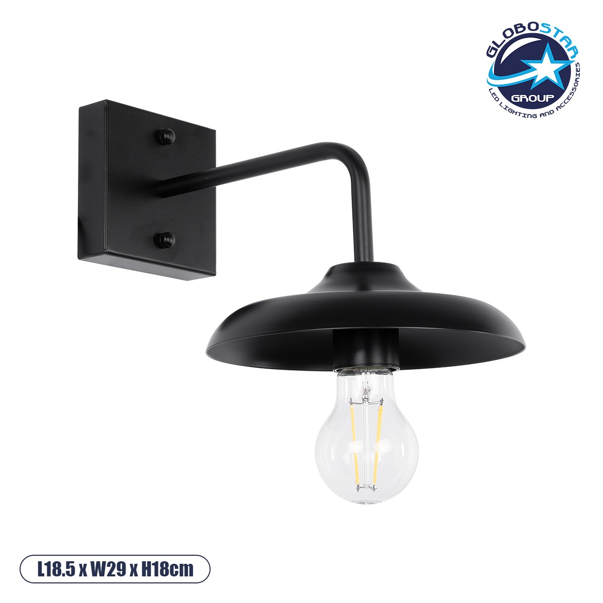GloboStar® PHIA 01122 Vintage Επιτοίχιο Φωτιστικό Απλίκα Μονόφωτο 1 x E27 IP20 Μαύρο Μέταλλο - Μ18.5 x Π29 x Υ18cm