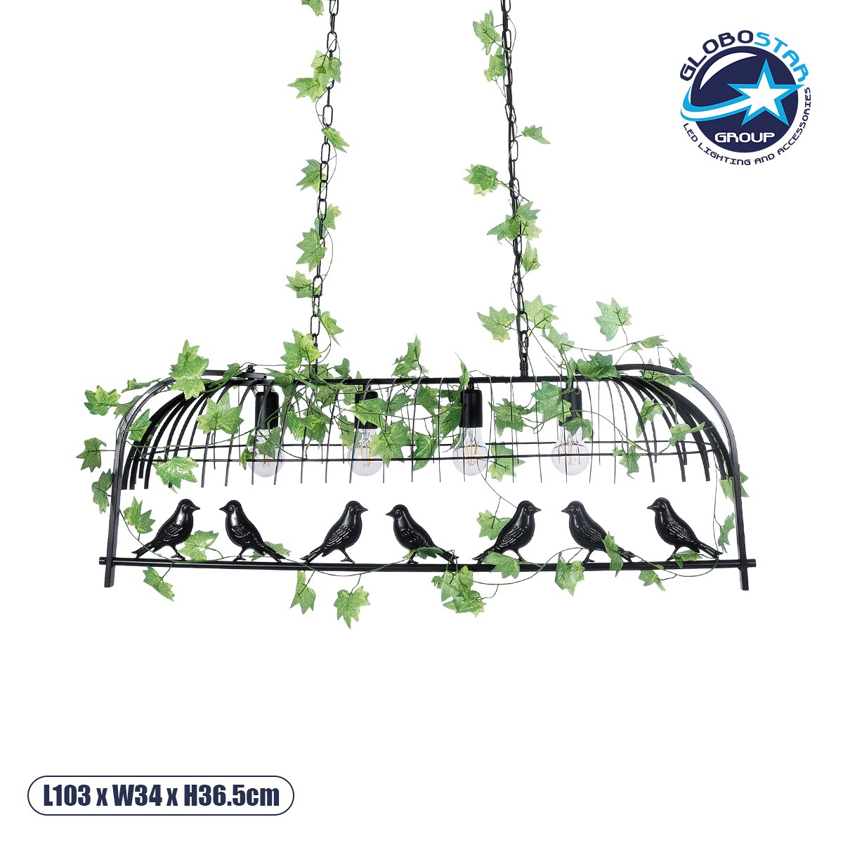 GLOBOSTAR® NEST 01255 Vintage Κρεμαστό Φωτιστικό Οροφής με Ντουί 4 x E27 AC 220-240V IP20 - Mαύρο & Πράσινο - Μ103 x Π34 x Υ36.5cm