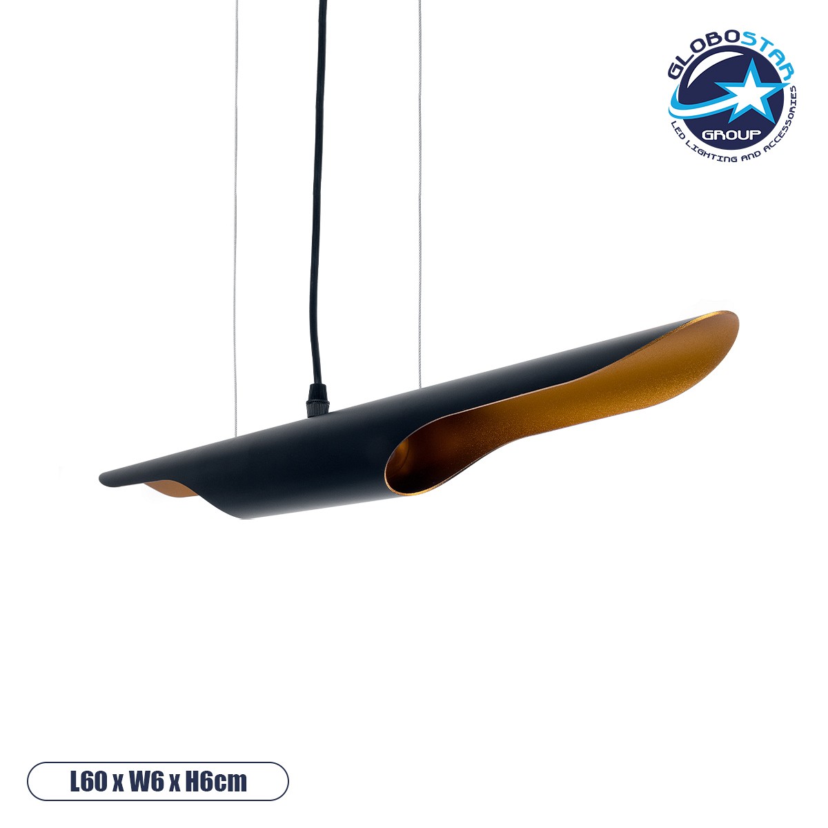 GLOBOSTAR® ESTERINA 01304 Μοντέρνο Κρεμαστό Φωτιστικό Οροφής με Ντουί 2 x E27 AC 220-240V IP20 - Μαύρο & Χρυσό - Μ60 x Π6 x Υ6cm