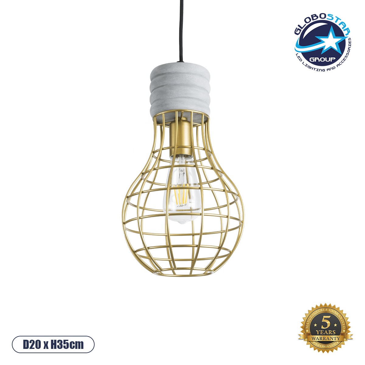 GLOBOSTAR® DURANT 01325 Μοντέρνο Κρεμαστό Φωτιστικό Οροφής με Ντουί 1 x E27 AC 220-240V IP20 - Γκρι & Χρυσό - Μ20 x Π20 x Υ35cm