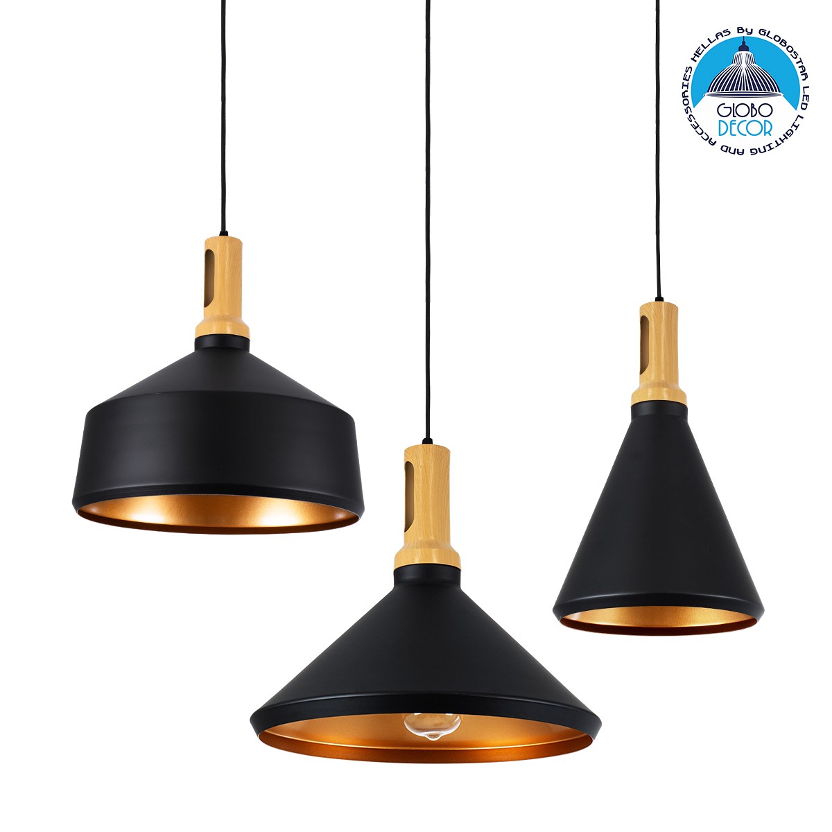 GLOBOSTAR® CALYPSO 01334 Μοντέρνο Κρεμαστό Φωτιστικό Οροφής με Ντουί 3 x E27 AC 220-240V IP20 - Μαύρο & Μπρούτζινο - Μ110 x Π110 x Υ35cm - Σετ 3 Τεμαχίων