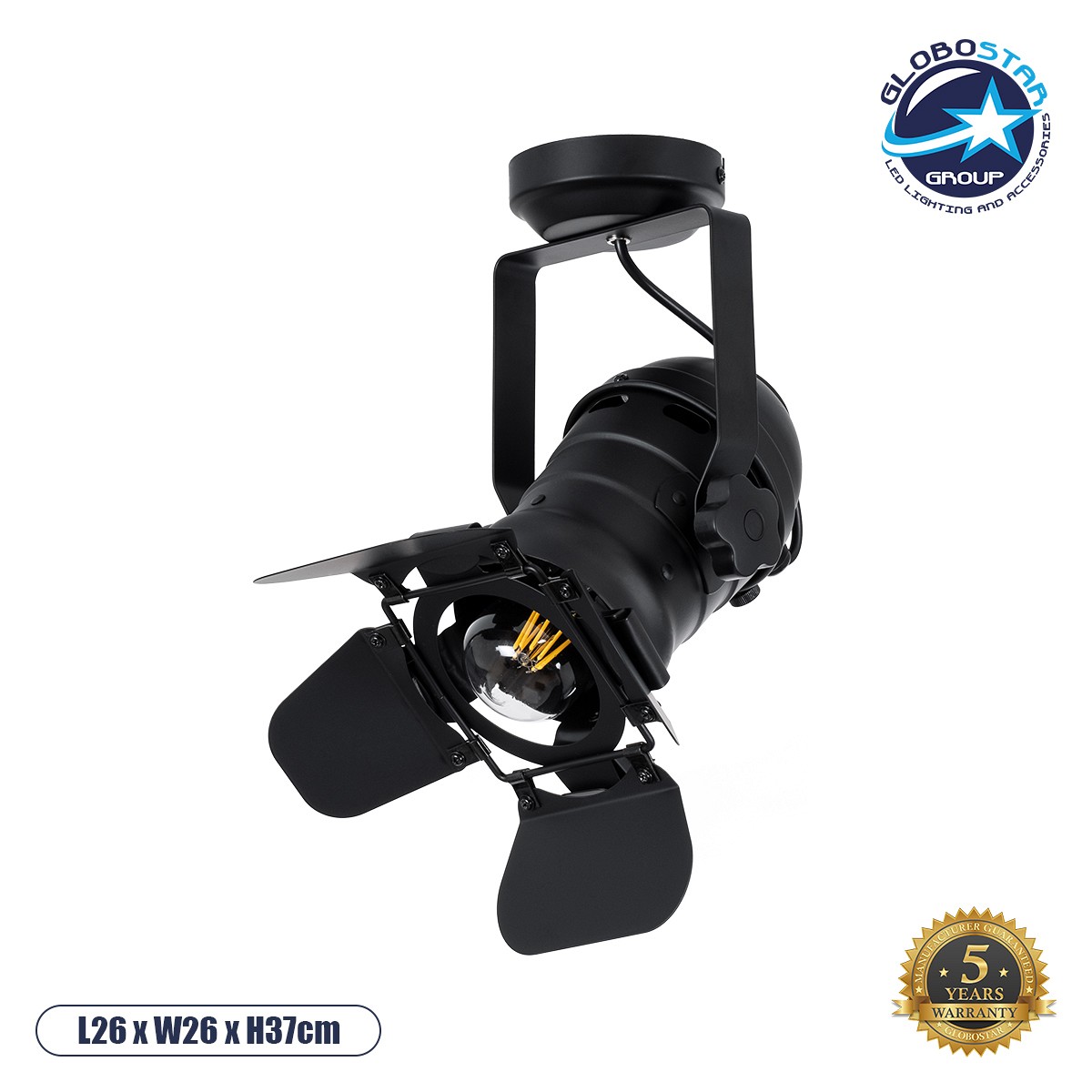 GLOBOSTAR® DETROIT 01372 Vintage Φωτιστικό Οροφής με Ντουί 1 x E27 AC 220-240V IP20 - Μαύρο - Μ26 x Π26 x Υ37cm