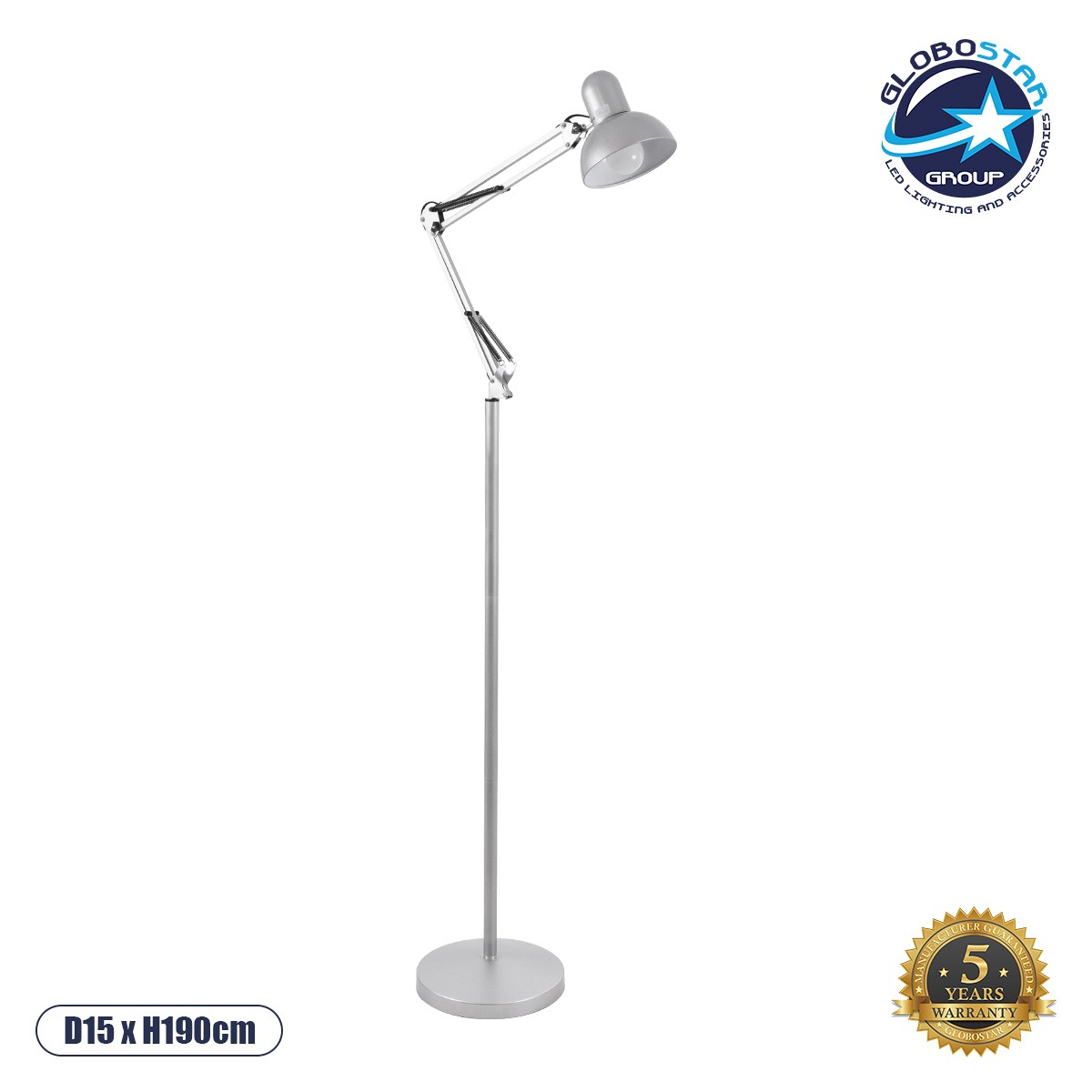 GLOBOSTAR® AUDREY 01469 Vintage Επιδαπέδιο Φωτιστικό με Ντουί 1 x E27 AC 220-240V IP20 - Ασημί - Μ15 x Π15 x Υ190cm