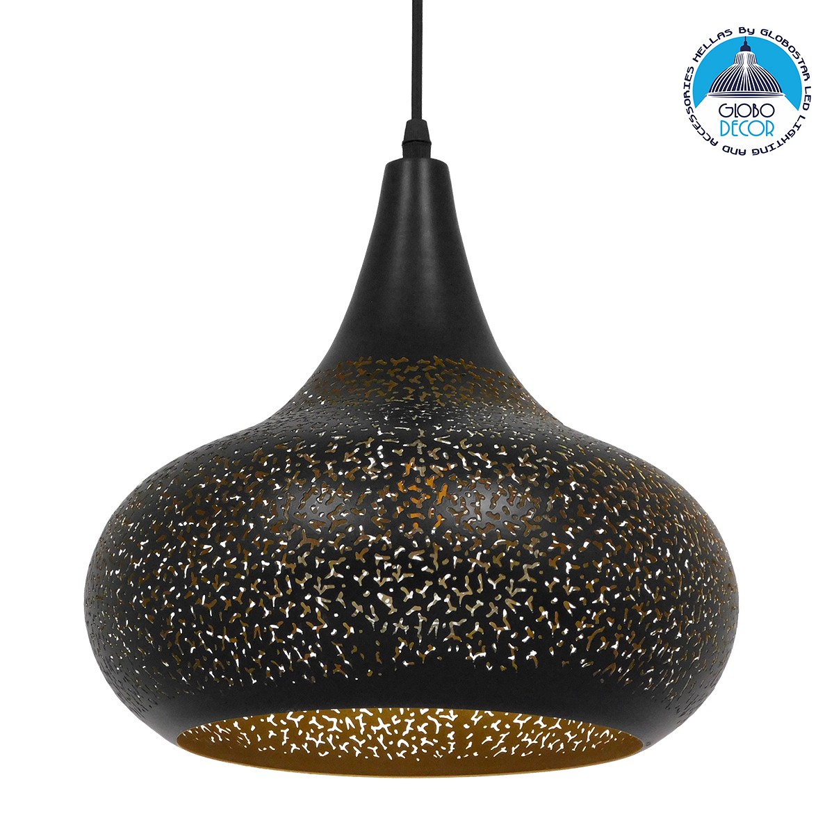 GLOBOSTAR® JANIS 01590 Μοντέρνο Κρεμαστό Φωτιστικό Οροφής με Ντουί 1 x E27 AC 220-240V IP20 - Μαύρο & Χρυσό - Μ30 x Π30 x Υ30cm