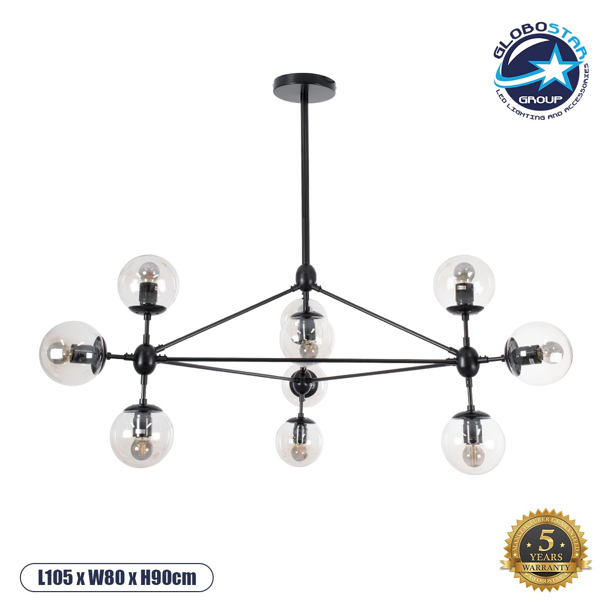 GLOBOSTAR® SENTINEL 01636 Μοντέρνο Φωτιστικό Οροφής με Ντουί 10 x E27 AC 220-240V IP20 - Μαύρο & Διάφανο - Μ105 x Π80 x Υ90cm