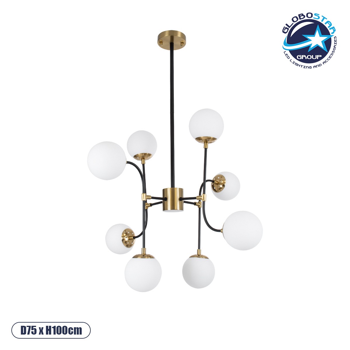 GLOBOSTAR® STARDUST 01649 Vintage Φωτιστικό Οροφής με Ντουί 8 x E27 AC 220-240V IP20 - Μαύρο & Χρυσό - Μ75 x Π75 x Υ100cm