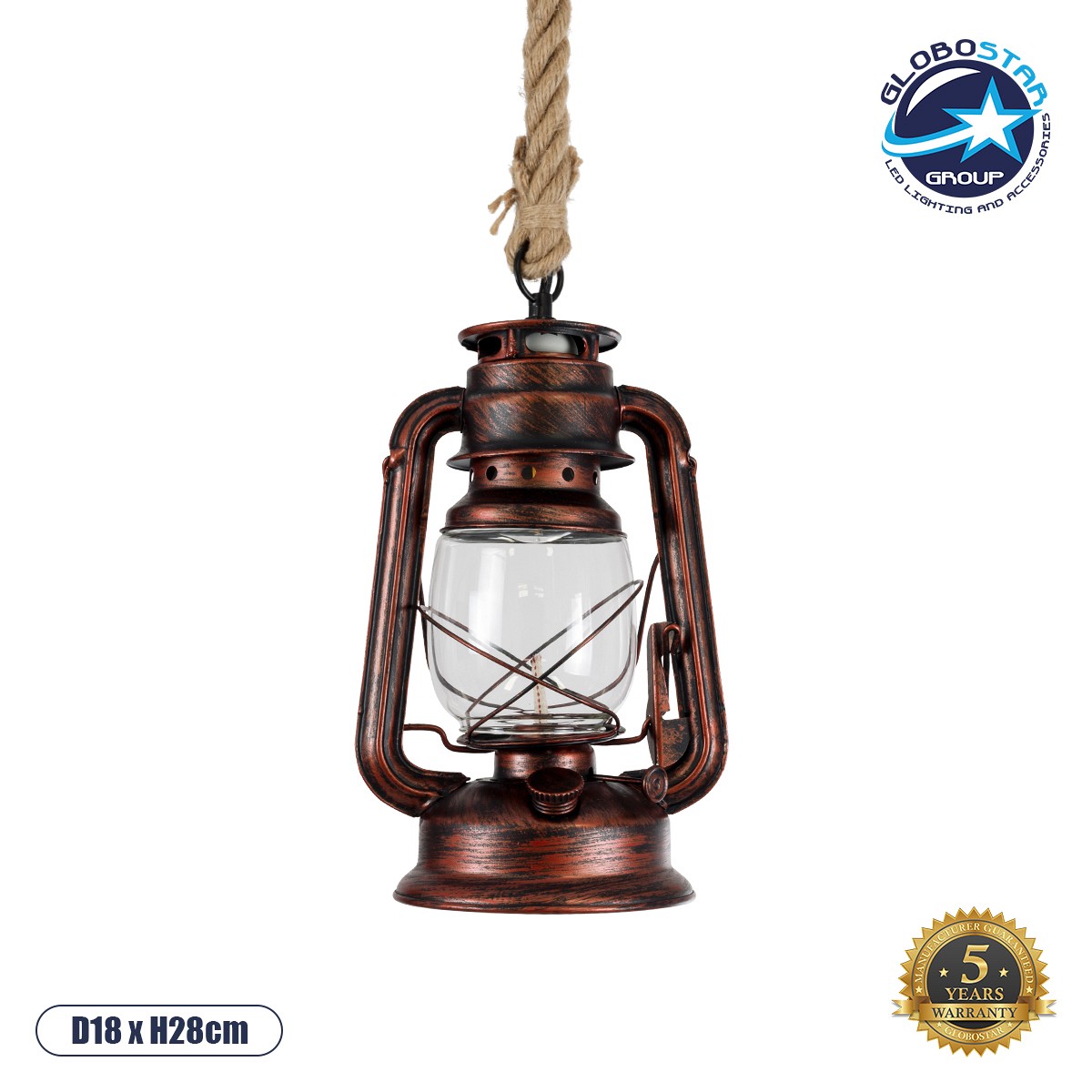 GLOBOSTAR® BARBAROSSA 01707 Vintage Κρεμαστό Φωτιστικό Οροφής με Ντουί 1 x E27 AC 220-240V IP20 - Χάλκινο - Μ18 x Π18 x Υ28cm