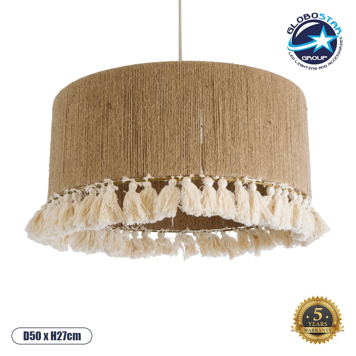 GLOBOSTAR® PUERTORICO 02094 Boho Κρεμαστό Φωτιστικό Οροφής με Ντουί 1 x E27 AC 220-240V IP20 - Μπεζ & Λευκό - Μ50 x Π50 x Υ27cm