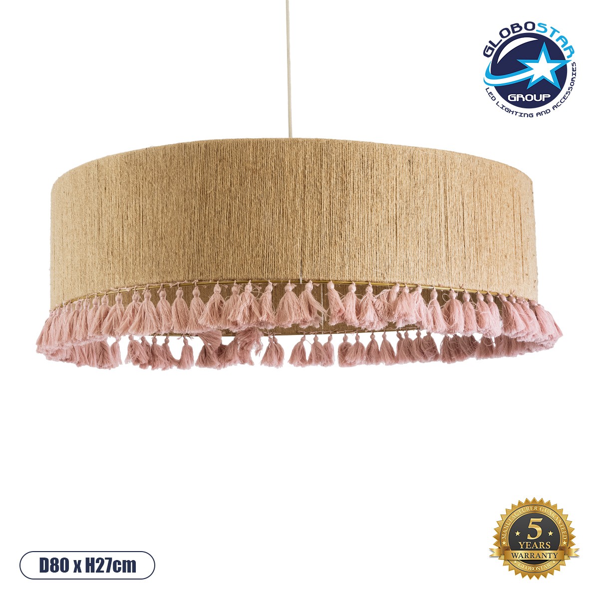 GLOBOSTAR® PUERTORICO 02097 Boho Κρεμαστό Φωτιστικό Οροφής με Ντουί 3 x E27 AC 220-240V IP20 - Μπεζ & Ροζ - Μ80 x Π80 x Υ27cm