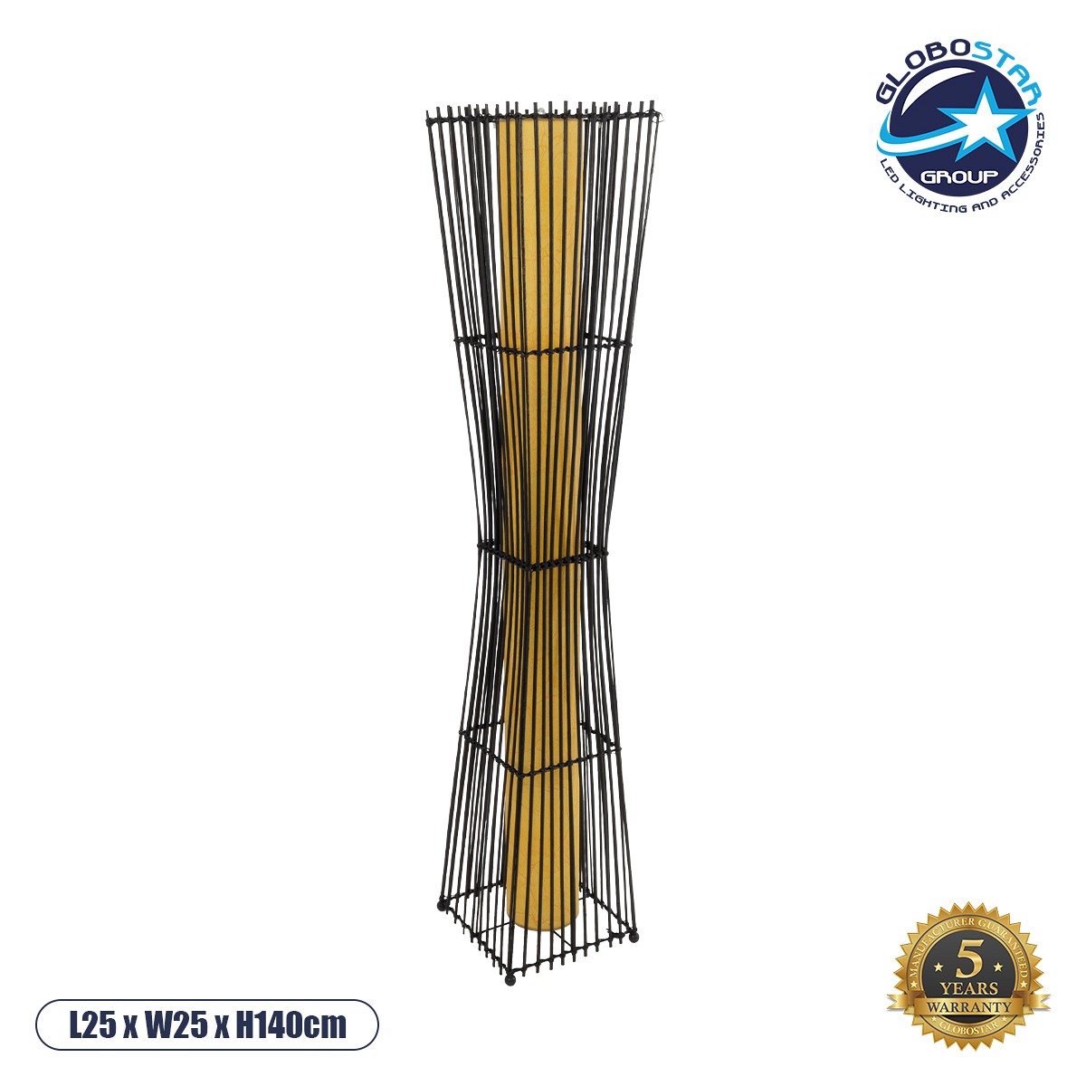 GloboStar® PALMA 02274 Boho Επιδαπέδιο Φωτιστικό Δίφωτο 2 x E27 IP20 Μαύρο Ξύλο με Μπεζ Ύφασμα - Μ25 x Π25 x Υ140cm