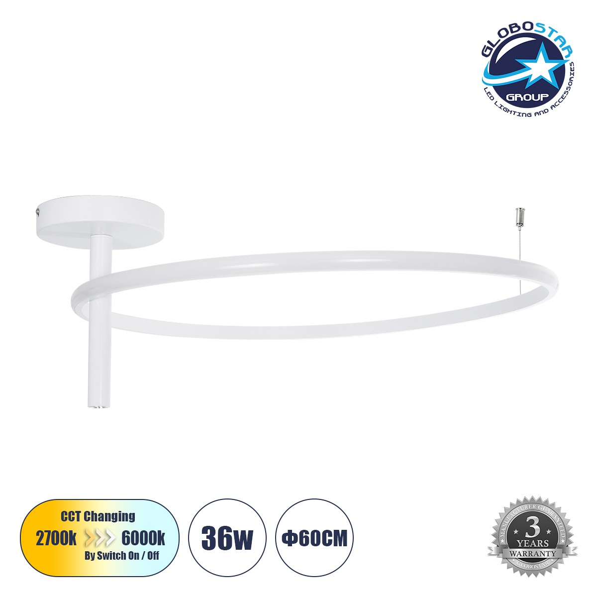 GLOBOSTAR® VERONA 61224 Μοντέρνο Φωτιστικό Οροφής LED 36W 4032lm 360° AC 220-240V IP20 Ρυθμιζόμενο Λευκό CCT με On/Off 2700K/4500K/6000K - Lumileds SMD Chip - Λευκό Ματ - Μ60 x Π60 x Υ23cm - 3 Χρόνια Εγγύηση
