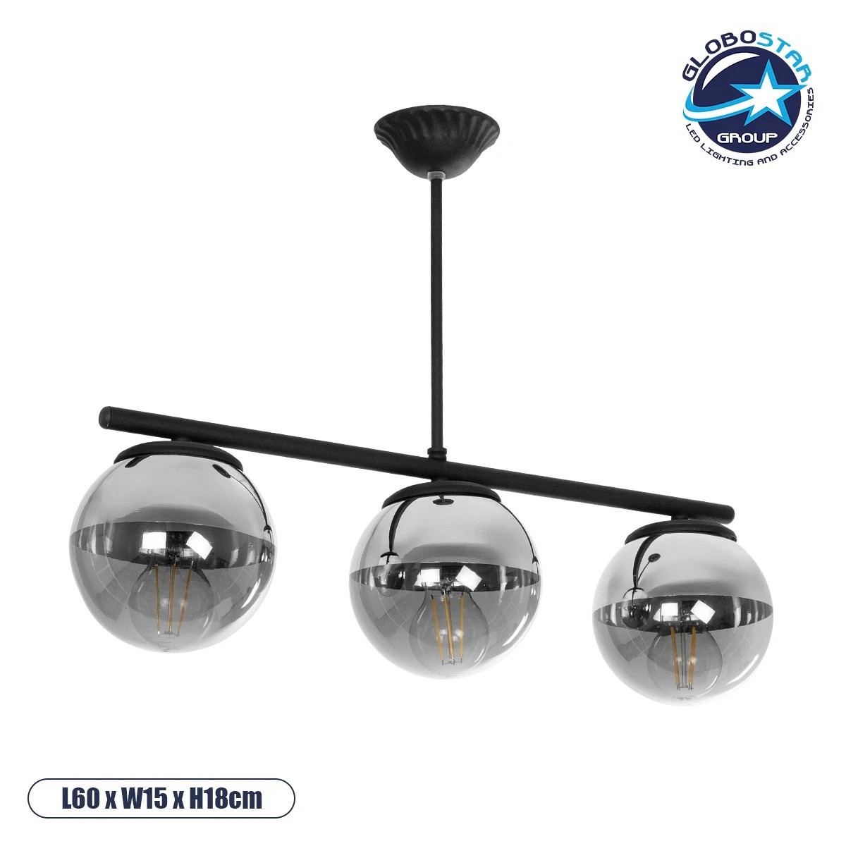 GLOBOSTAR® CITY 202-0043 Μοντέρνο Φωτιστικό Οροφής με Ντουί 3 x E27 AC 220-240V IP20 - Μαύρο & Μαύρο Φιμέ - Μ55 x Π15 x Υ43cm