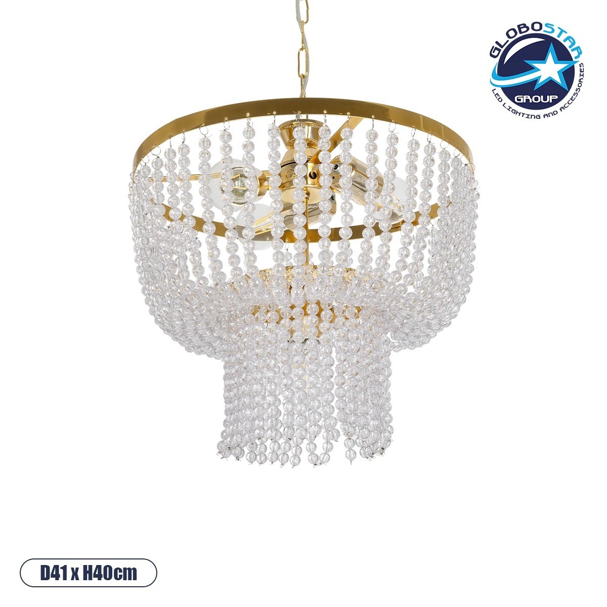 GLOBOSTAR® CRYSTAL 203-0028 Κλασικό Κρεμαστό Φωτιστικό Οροφής με Ντουί 3 x E27 AC 220-240V IP20 - Χρυσό & Διάφανο - Μ41 x Π41 x Υ40cm
