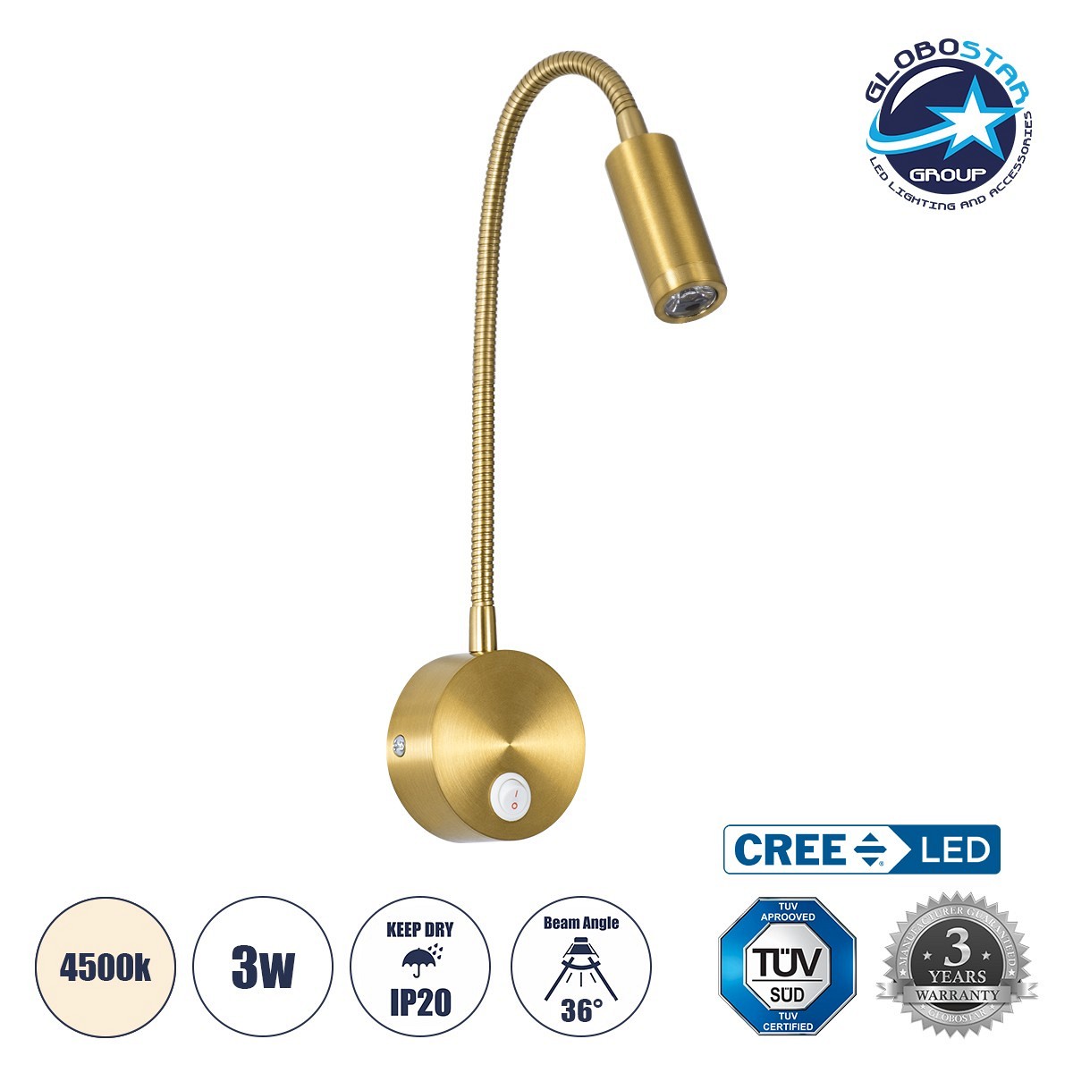 GloboStar® GOOSE 60880 Μοντέρνο Φωτιστικό Τοίχου - Απλίκα Ξενοδοχείου Bed Side LED 3W 300lm 36° AC 220-240V - Reading Light - Μ6.5 x Π15 x Υ24.5cm - Φυσικό Λευκό 4500K - Χρυσό Πλατίνα - 3 Xρόνια Εγγύηση