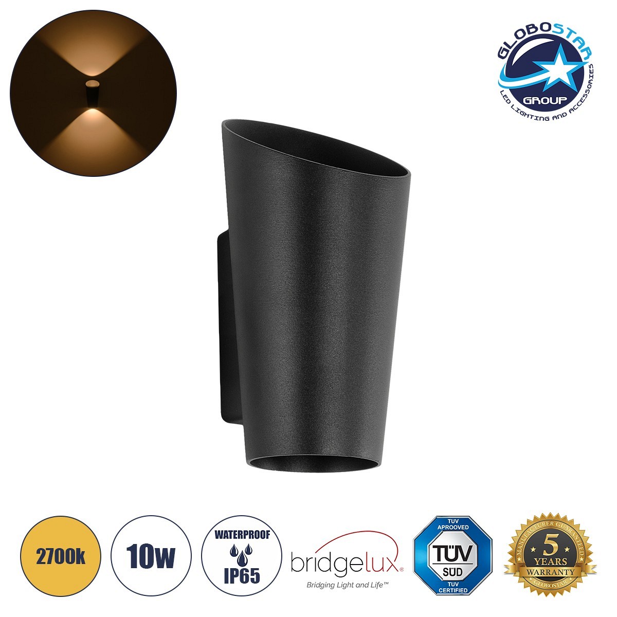GLOBOSTAR® GANETTI 60671 Μοντέρνο Φωτιστικό Τοίχου - Απλίκα LED 10W 1250lm 60° AC 220-240V Αδιάβροχο IP65 Θερμό Λευκό 2700K - Bridgelux COB Chip & TÜV SÜD Driver - Μαύρο Ματ - Μ9.5 x Π11 x Υ19cm - 5 Χρόνια Εγγύηση