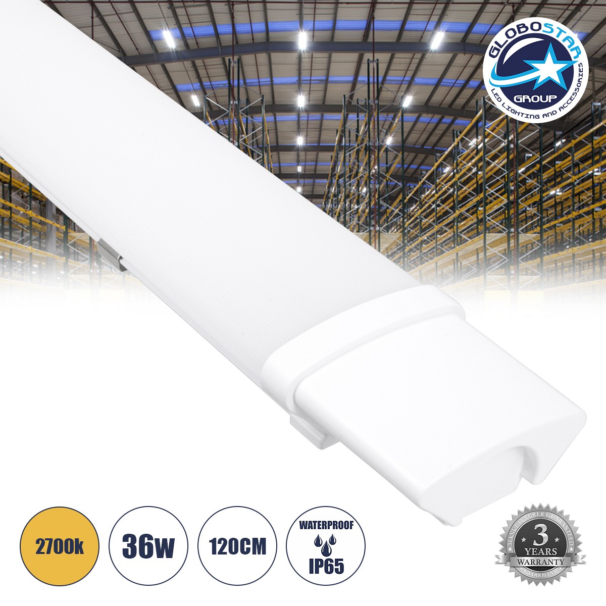 GloboStar® 60166 LED Γραμμικό Βιομηχανικό Φωτιστικό Tri-Proof 120cm 36W 3916lm 120° AC 220-240V Αδιάβροχο IP65 Μ120 x Π6 x Υ4cm Θερμό Λευκό 2700K - 3 Χρόνια Εγγύηση