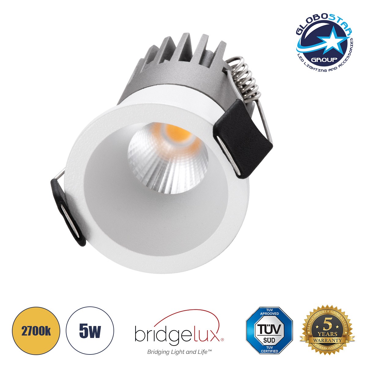 GLOBOSTAR® MICRO-S 60237 Χωνευτό Downlight Σποτ LED 5W 625lm 38° AC 220-240V IP20 Θερμό Λευκό 2700K - Bridgelux COB Chip & TÜV SÜD Driver - Λευκό Ματ - Μ4 x Π4 x Υ5.9cm / Q3.5cm - 5 Χρόνια Εγγύηση