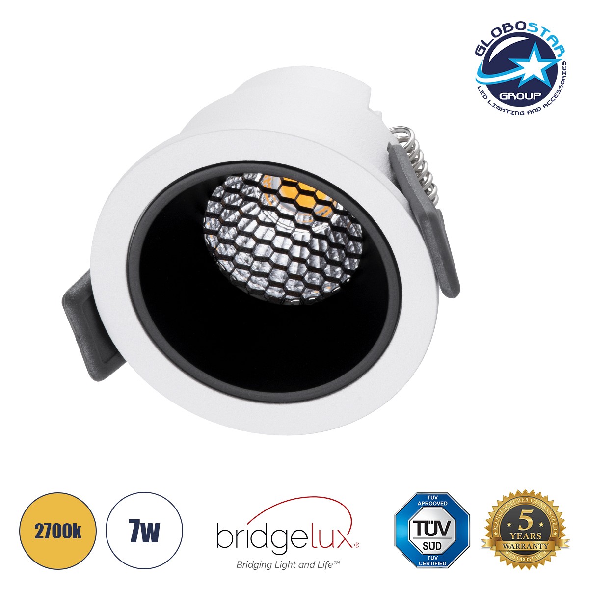 GLOBOSTAR® PLUTO-S 60247 Χωνευτό Downlight Σποτ με Honeycomb Anti Glare Reflector LED 7W 875lm 38° AC 220-240V IP20 Θερμό Λευκό 2700K - Bridgelux COB Chip & TÜV SÜD Driver - Λευκό & Μαύρο Ματ - Μ6.4 x Π6.4 x Υ4.9cm / Q5.5cm - 5 Χρόνια Εγγύηση