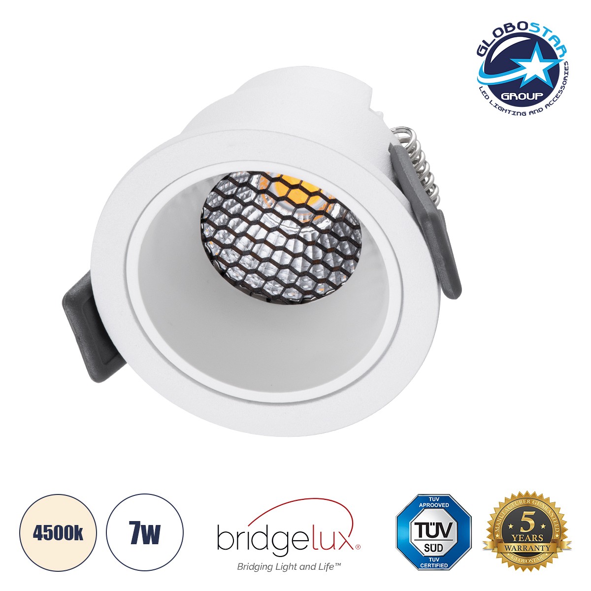 GLOBOSTAR® PLUTO-S 60248 Χωνευτό Downlight Σποτ με Honeycomb Anti Glare Reflector LED 7W 910lm 38° AC 220-240V IP20 Φυσικό Λευκό 4500K - Bridgelux COB Chip & TÜV SÜD Driver - Λευκό Ματ - Μ6.4 x Π6.4 x Υ4.9cm / Q5.5cm - 5 Χρόνια Εγγύηση