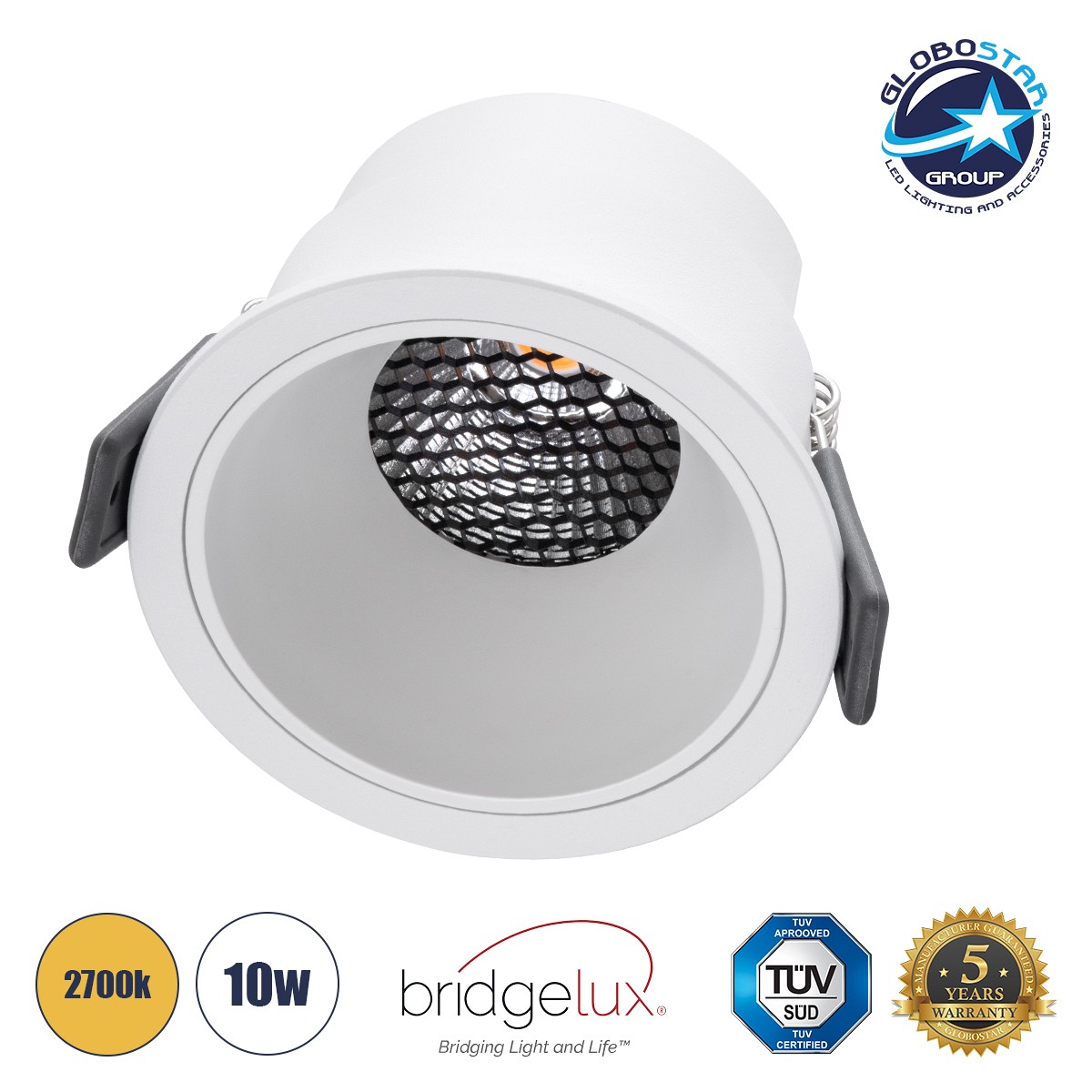 GLOBOSTAR® PLUTO-M 60255 Χωνευτό Downlight Σποτ με Honeycomb Anti Glare Reflector LED 10W 1250lm 38° AC 220-240V IP20 Θερμό Λευκό 2700K - Bridgelux COB Chip & TÜV SÜD Driver - Λευκό Ματ - Μ8.4 x Π8.4 x Υ5.9cm / Q7.5cm - 5 Χρόνια Εγγύηση
