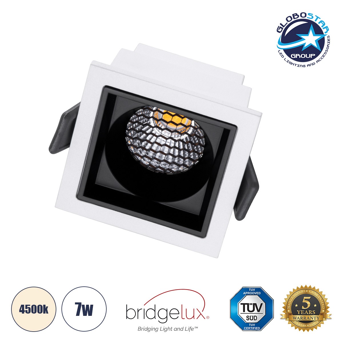GLOBOSTAR® PLUTO-S 60264 Χωνευτό Downlight Σποτ με Honeycomb Anti Glare Reflector LED 7W 910lm 38° AC 220-240V IP20 Φυσικό Λευκό 4500K - Bridgelux COB Chip & TÜV SÜD Driver - Λευκό & Μαύρο Ματ - Μ6.4 x Π6.4 x Υ4.9cm / Q5.5 x 5.5cm x - 5 Χρόνια Εγγύηση