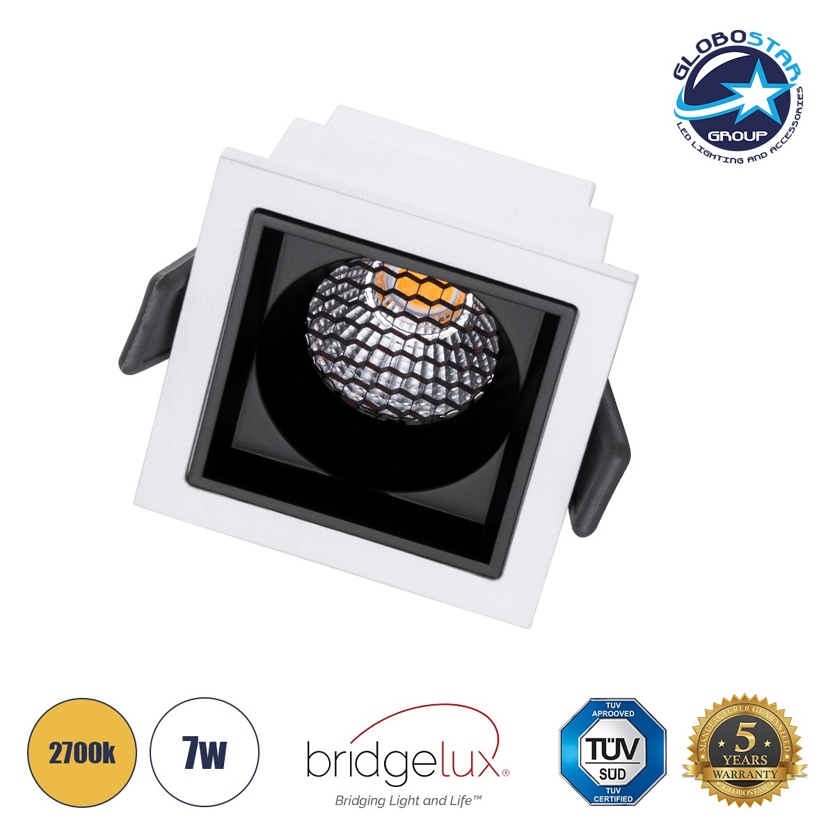 GLOBOSTAR® PLUTO-S 60265 Χωνευτό Downlight Σποτ με Honeycomb Anti Glare Reflector LED 7W 875lm 38° AC 220-240V IP20 Θερμό Λευκό 2700K - Bridgelux COB Chip & TÜV SÜD Driver - Λευκό & Μαύρο Ματ - Μ6.4 x Π6.4 x Υ4.9cm / Q5.5 x 5.5cm x - 5 Χρόνια Εγγύηση