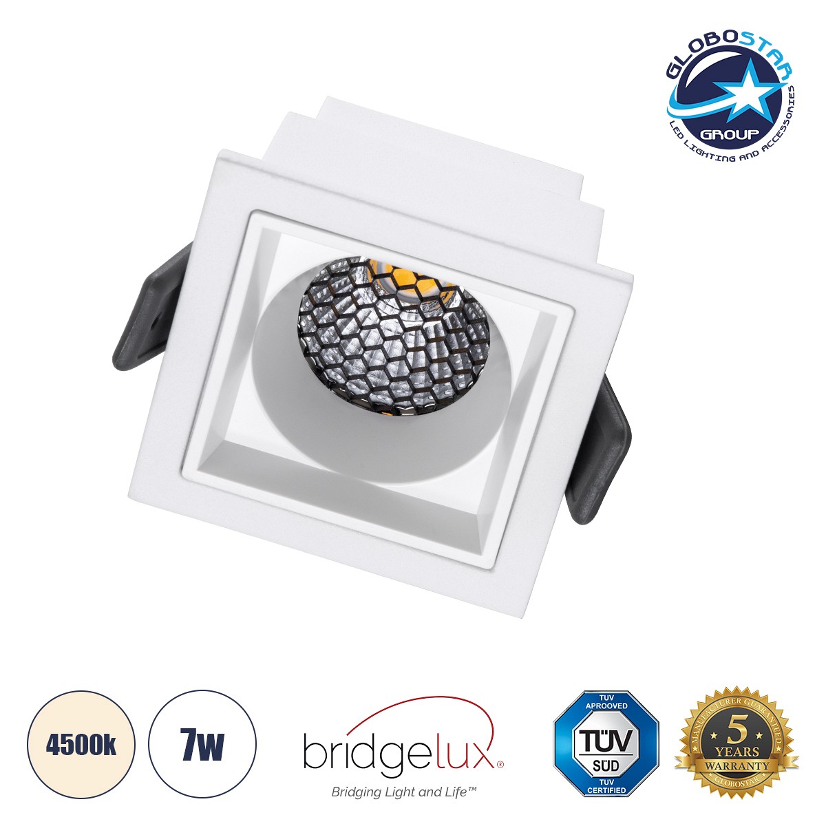 GLOBOSTAR® PLUTO-S 60266 Χωνευτό Downlight Σποτ με Honeycomb Anti Glare Reflector LED 7W 910lm 38° AC 220-240V IP20 Φυσικό Λευκό 4500K - Bridgelux COB Chip & TÜV SÜD Driver - Λευκό Ματ - Μ6.4 x Π6.4 x Υ4.9cm / Q5.5 x 5.5cm - 5 Χρόνια Εγγύηση