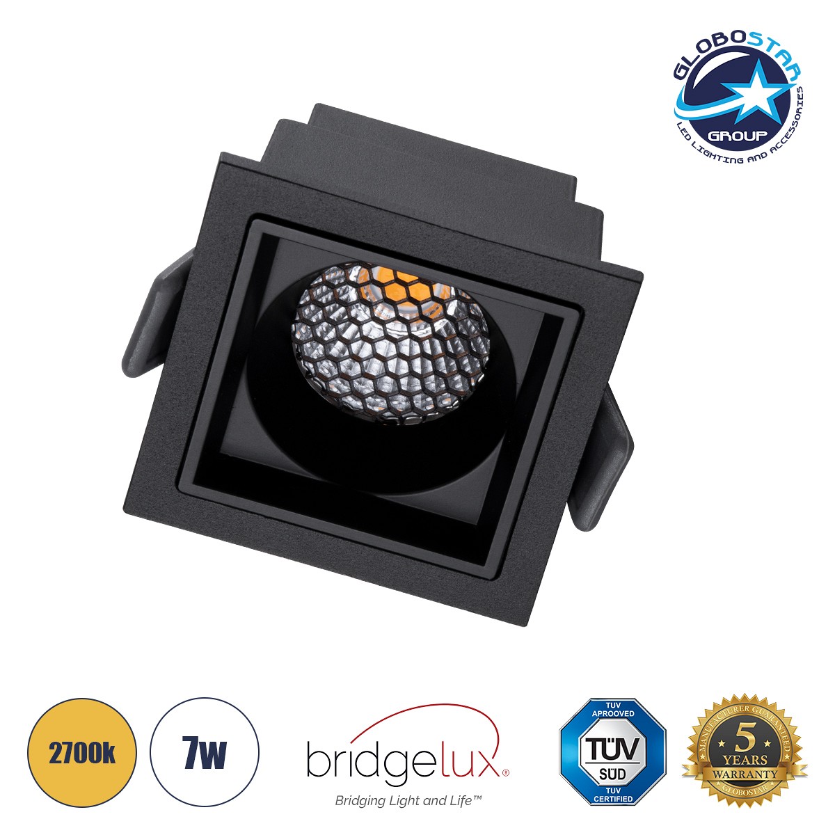 GLOBOSTAR® PLUTO-S 60269 Χωνευτό Downlight Σποτ με Honeycomb Anti Glare Reflector LED 7W 875lm 38° AC 220-240V IP20 Θερμό Λευκό 2700K - Bridgelux COB Chip & TÜV SÜD Driver - Μαύρο Ματ - Μ6.4 x Π6.4 x Υ4.9cm / Q5.5 x 5.5cm - 5 Χρόνια Εγγύηση