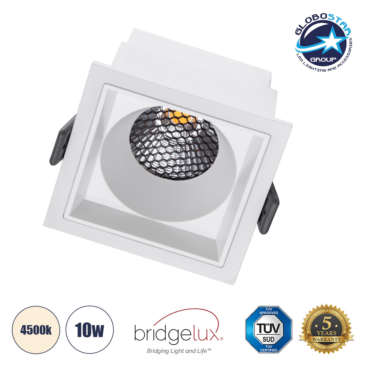 GLOBOSTAR® PLUTO-M 60272 Χωνευτό Downlight Σποτ με Honeycomb Anti Glare Reflector LED 10W 1300lm 38° AC 220-240V IP20 Φυσικό Λευκό 4500K - Bridgelux COB Chip & TÜV SÜD Driver - Λευκό Ματ - Μ8.4 x Π8.4 x Υ5.9cm / Q7.5 x 7.5cm - 5 Χρόνια Εγγύηση
