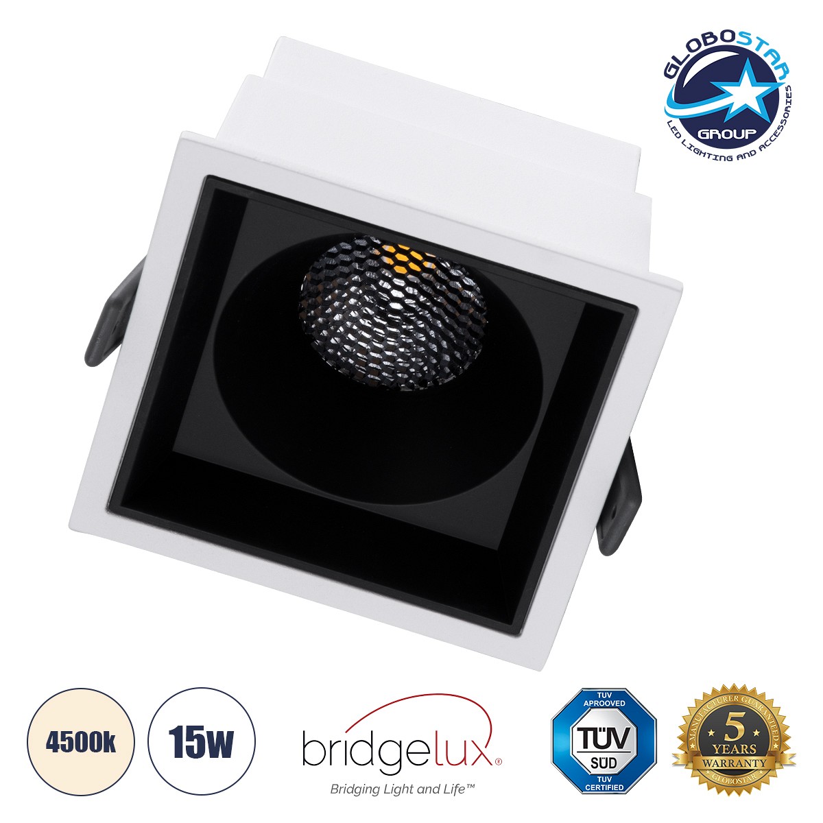 GLOBOSTAR® PLUTO-B 60276 Χωνευτό Downlight Σποτ με Honeycomb Anti Glare Reflector LED 15W 1950lm 38° AC 220-240V IP20 Φυσικό Λευκό 4500K - Bridgelux COB Chip & TÜV SÜD Driver - Λευκό & Μαύρο Ματ - Μ10.4 x Π10.4 x Υ6.5cm / Q9.5 x 9.5cm - 5 Χρόνια Εγγύηση
