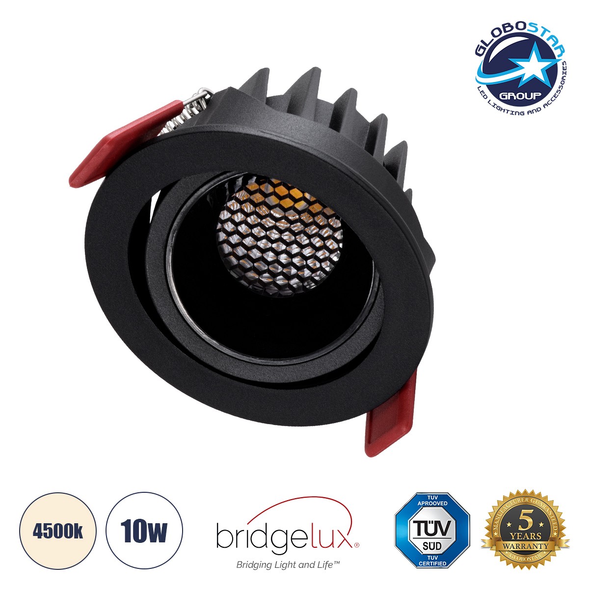 GLOBOSTAR® LEO-R 60286 Χωνευτό Κινούμενο Downlight Σποτ με Honeycomb Anti Glare Reflector LED 10W 1300lm 38° AC 220-240V IP20 Φυσικό Λευκό 4500K - Bridgelux COB Chip & TÜV SÜD Driver - Μαύρο Ματ - Μ8.5 x Π8.5 x Υ6.6cm / Q7.5cm - 5 Χρόνια Εγγύηση