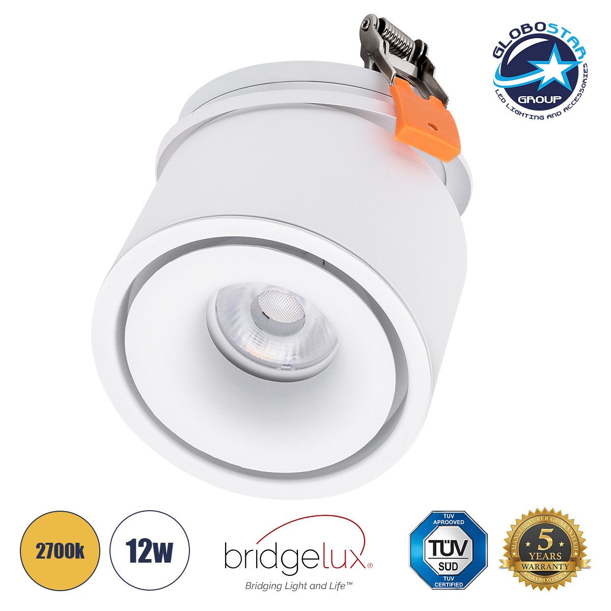GLOBOSTAR® OMEGA-R 60295 Χωνευτό Κινούμενο Downlight Σποτ LED 12W 1500lm 36° AC 220-240V IP20 Θερμό Λευκό 2700K - Bridgelux COB Chip & TÜV SÜD Driver - Λευκό Ματ - Μ10 x Π10 x Υ8.2cm / Q9cm - 5 Χρόνια Εγγύηση