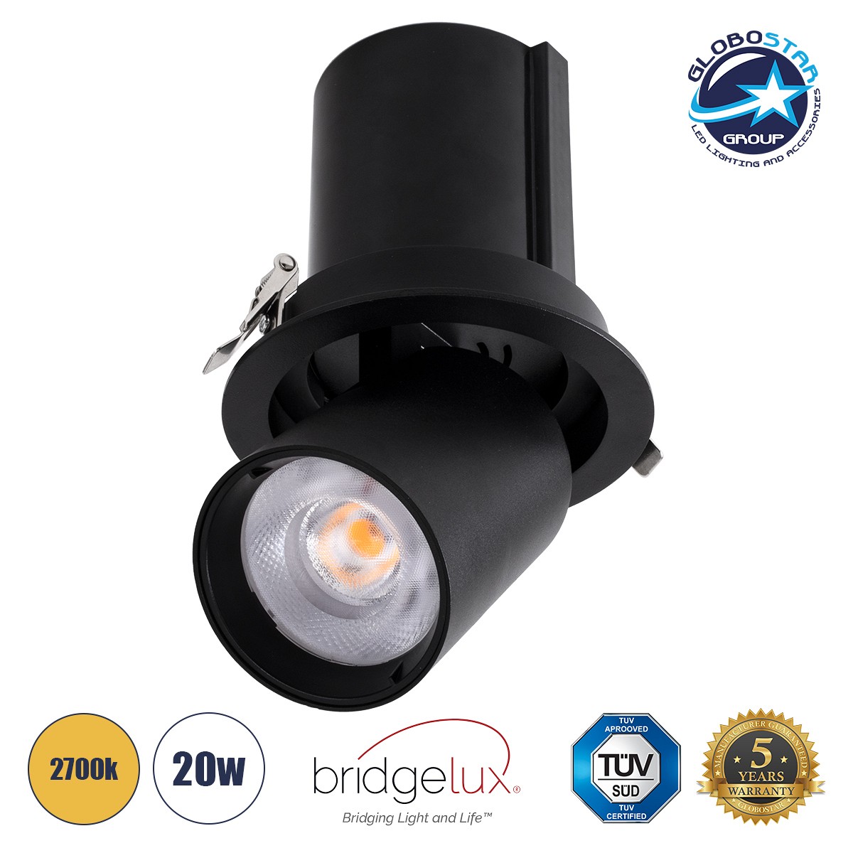 GLOBOSTAR® VIRGO-B 60313 Χωνευτό Κινούμενο Downlight Σποτ LED 20W 2500lm 36° AC 220-240V IP20 Θερμό Λευκό 2700K - Bridgelux COB Chip & TÜV SÜD Driver - Μαύρο Ματ - Μ13.5 x Π13.5 x Υ14cm / Q11.5cm - 5 Χρόνια Εγγύηση