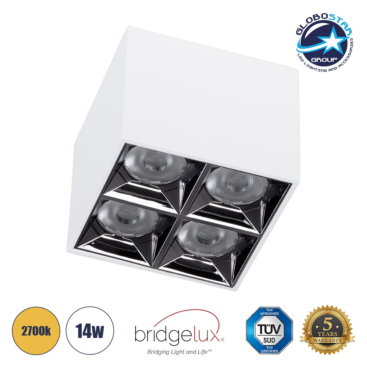 GLOBOSTAR® LUMINAR 60335 Downlight Σποτ LED 14W 1890lm 36° AC 220-240V IP20 Θερμό Λευκό 2700K - Osram SMD Chip & TÜV SÜD Driver - Λευκό Ματ - Μ8.2 x Π8.2 x Υ6.6cm - 5 Χρόνια Εγγύηση