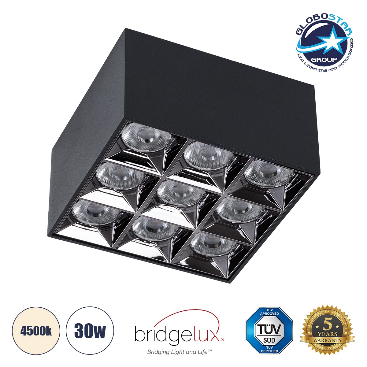 GLOBOSTAR® LUMINAR 60336 Downlight Σποτ LED 30W 4200lm 36° AC 220-240V IP20 Φυσικό Λευκό 4500K - Osram SMD Chip & TÜV SÜD Driver - Μαύρο Ματ - Μ12 x Π12 x Υ6.6cm - 5 Χρόνια Εγγύηση