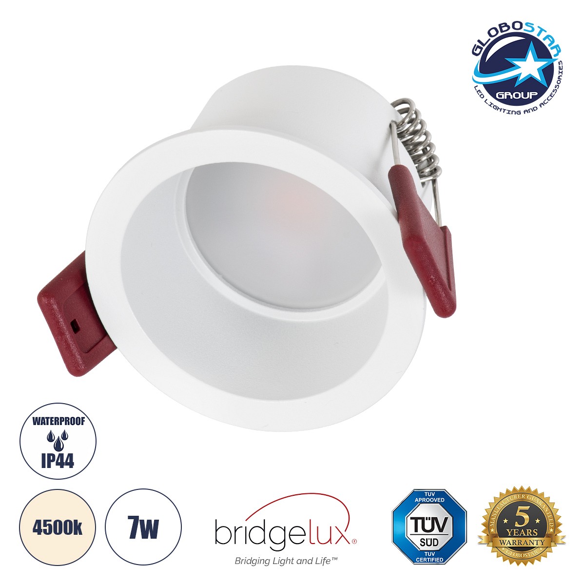GLOBOSTAR® IP 60344 Χωνευτό Downlight Σποτ Μπάνιου & WC LED 7W 750lm 45° AC 220-240V Αδιάβροχο IP44 Φυσικό Λευκό 4500K - Lumileds SMD Chip & TÜV SÜD Driver - Λευκό Ματ - Μ6.6 x Π6.6 x Υ5.3cm / Q5.5cm - 5 Χρόνια Εγγύηση