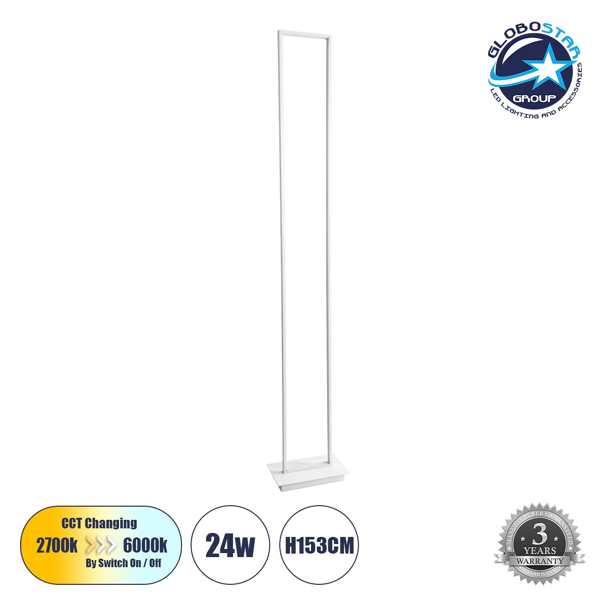 GLOBOSTAR® CORNELIE 60464 Μοντέρνο Επιδαπέδιο Φωτιστικό LED 24W 2640lm 200° AC 220-240V IP20 Ρυθμιζόμενο Λευκό CCT με Χειριστήριο από 2700K έως 6000K Dimmable - Lumileds SMD Chip - Λευκό Ματ - Μ26 x Π26 x Υ143cm - 3 Χρόνια Εγγύηση