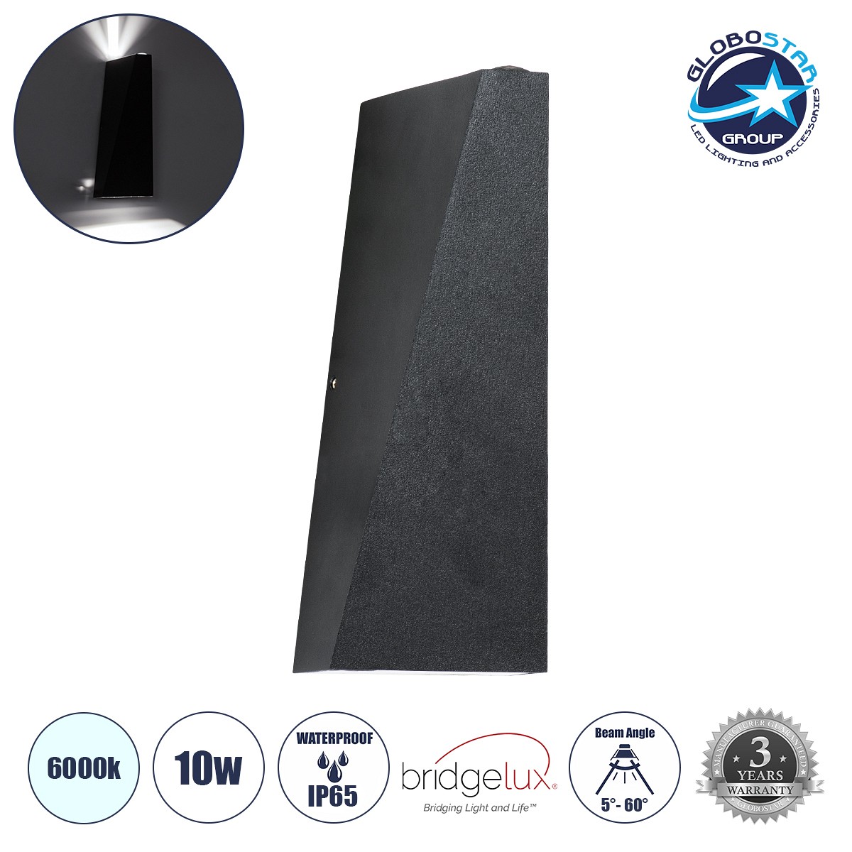 GLOBOSTAR® TRIANDE 60559 Μοντέρνο Φωτιστικό Τοίχου - Απλίκα LED 10W 1250lm 5°/60° AC 220-240V Αδιάβροχο IP65 Ψυχρό Λευκό 6000K - Bridgelux COB Chip & TÜV SÜD Driver - Μαύρο Ματ - Μ8.5 x Π8.5 x Υ20cm - 5 Χρόνια Εγγύηση