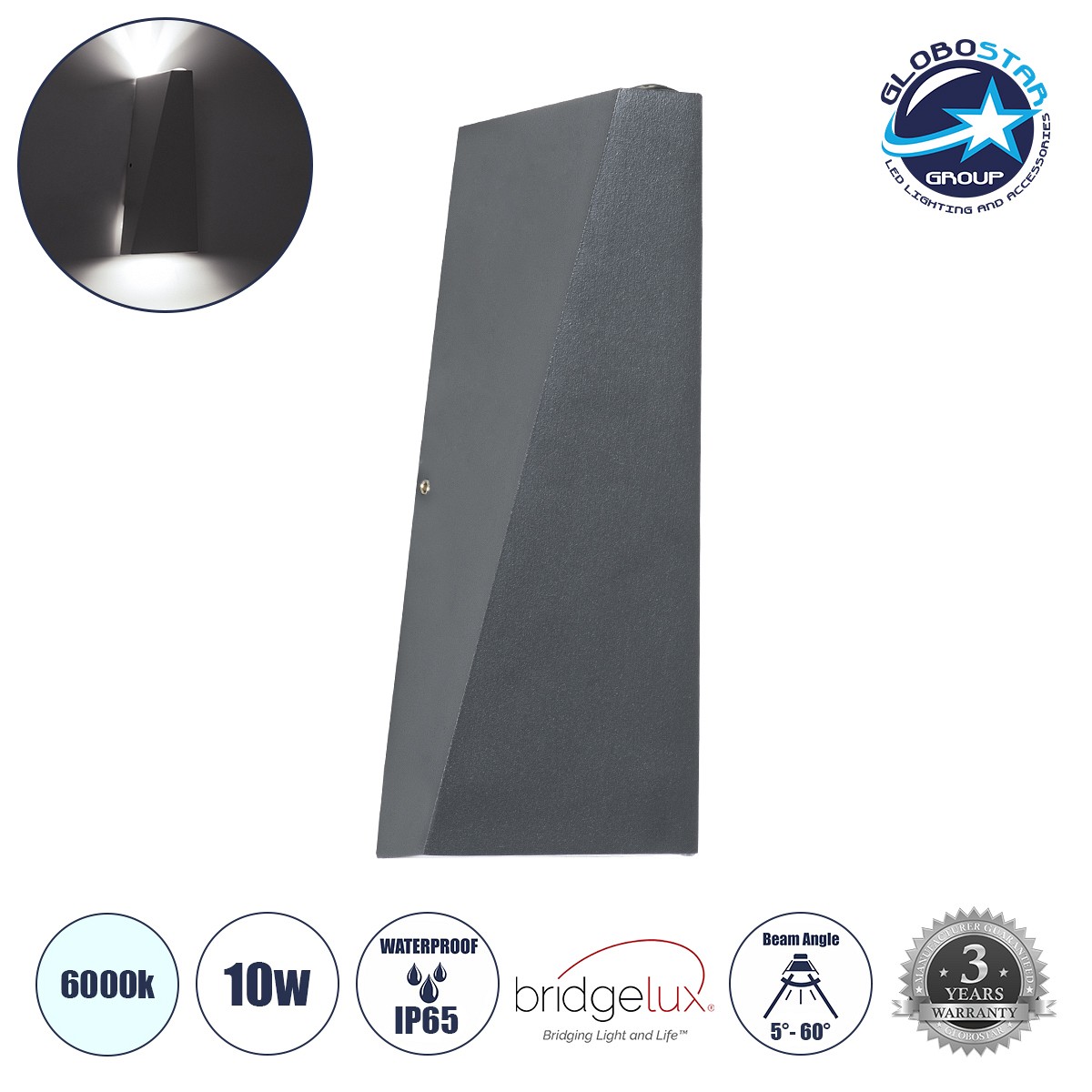GLOBOSTAR® TRIANDE 60558 Μοντέρνο Φωτιστικό Τοίχου - Απλίκα LED 10W 1250lm 5°/60° AC 220-240V Αδιάβροχο IP65 Ψυχρό Λευκό 6000K - Bridgelux COB Chip & TÜV SÜD Driver - Γκρι Ανθρακί Ματ - Μ8.5 x Π8.5 x Υ20cm - 5 Χρόνια Εγγύηση