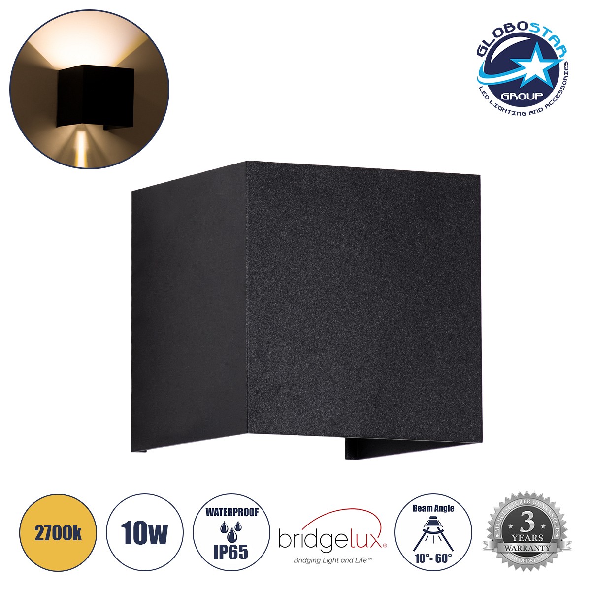 GLOBOSTAR® AXIS-S 60562 Μοντέρνο Φωτιστικό Τοίχου - Απλίκα LED 10W 1150lm 5°/60° AC 220-240V Αδιάβροχο IP65 Θερμό Λευκό 2700K - Bridgelux COB Chip & TÜV SÜD Driver - Μαύρο Ματ - Μ10 x Π10 x Υ10cm - 5 Χρόνια Εγγύηση