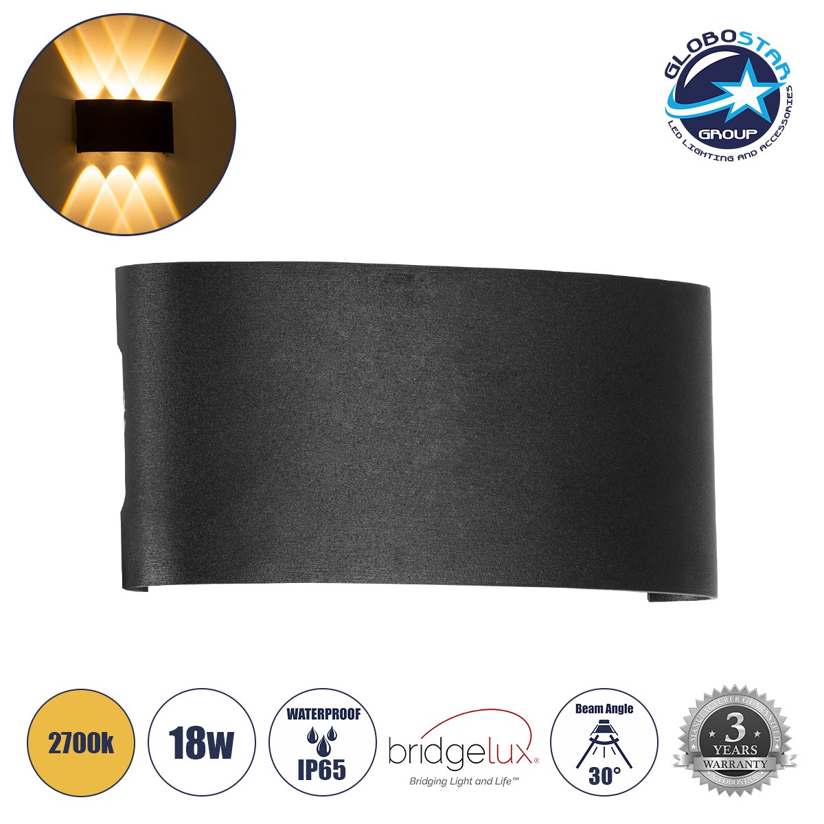 kelvo® SIXOAD 60586 Μοντέρνο Φωτιστικό Τοίχου - Απλίκα LED 18W 1800lm 30° AC 220-240V Αδιάβροχο IP65 Θερμό Λευκό 2700K - CREE XPE Chip & TÜV SÜD Driver - Μαύρο Ματ - Μ17 x Π4 x Υ8cm - 5 Χρόνια Εγγύηση