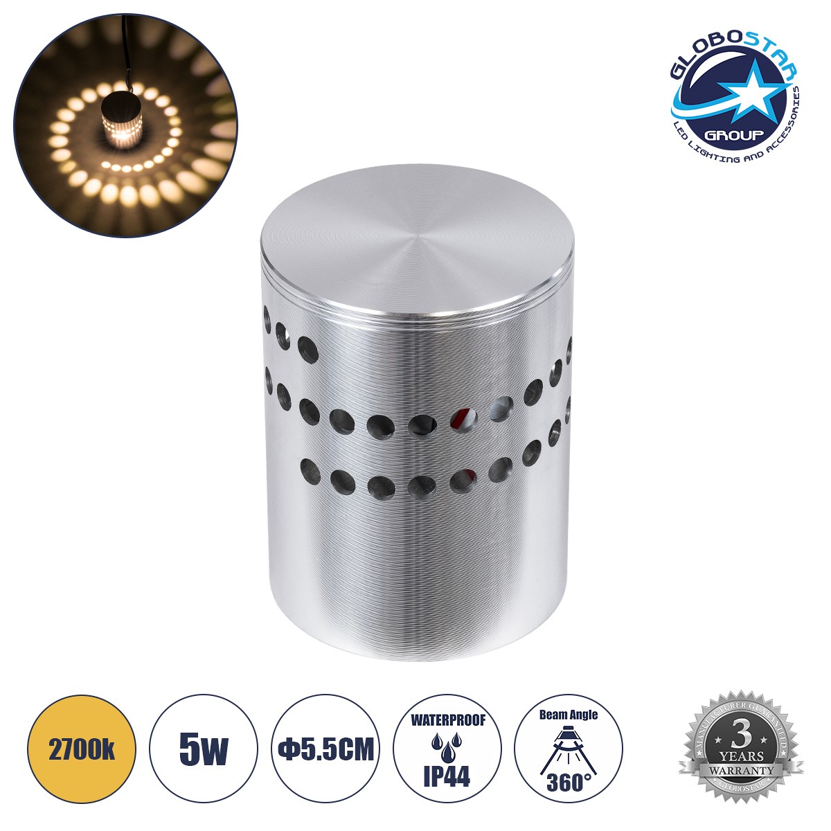 GLOBOSTAR® STAINS 60593 Μοντέρνο Φωτιστικό Τοίχου - Απλίκα LED 5W 350lm 180° AC 220-240V IP44 Θερμό Λευκό 2700K - Bridgelux SMD Chip Chip & TÜV SÜD Driver - Νίκελ Βούρτσας - Μ5.5 x Π5.5 x Υ7cm - 5 Χρόνια Εγγύηση