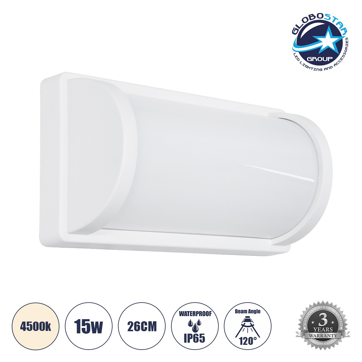 GLOBOSTAR® CELESTIAL 60694 Μοντέρνο Φωτιστικό Τοίχου - Απλίκα LED 15W 1575lm 120° AC 220-240V Αδιάβροχο IP65 Φυσικό Λευκό 4500K - Bridgelux SMD Chip - Λευκό Ματ - Μ26 x Π9 x Υ13.5cm - 3 Χρόνια Εγγύηση
