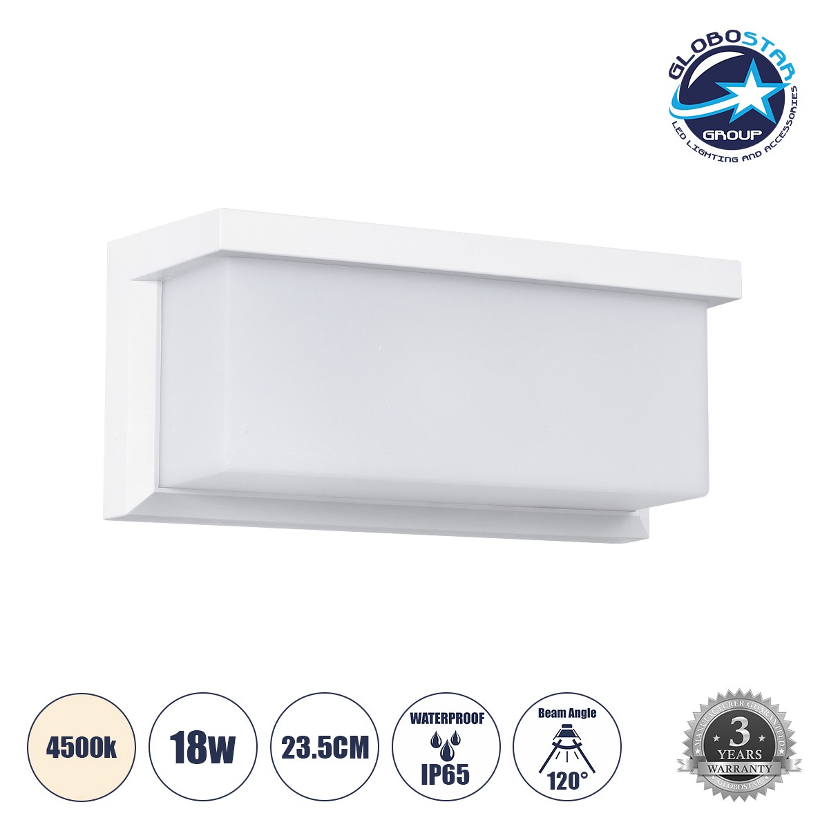GLOBOSTAR® CITYSCAPE 60697 Μοντέρνο Φωτιστικό Τοίχου - Απλίκα LED 18W 1890lm 120° AC 220-240V Αδιάβροχο IP65 Φυσικό Λευκό 4500K - Bridgelux SMD Chip - Λευκό Ματ - Μ23.5 x Π11 x Υ10cm - 3 Χρόνια Εγγύηση