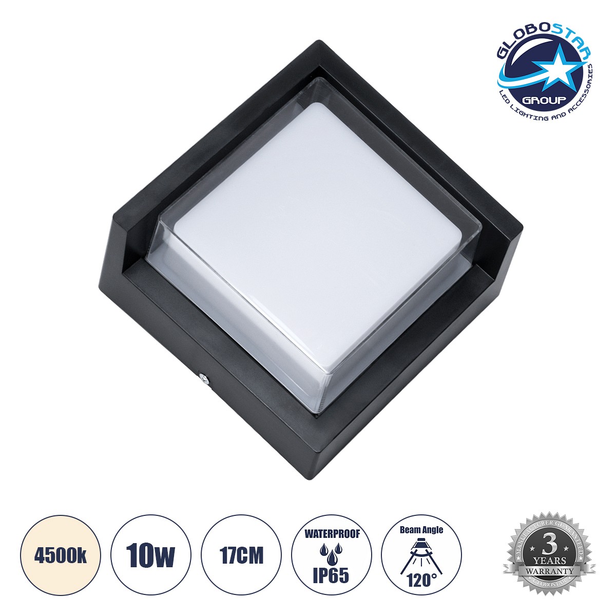 GLOBOSTAR® APEX 60770 Μοντέρνο Φωτιστικό Τοίχου - Απλίκα LED 10W 1050lm 120° AC 220-240V Αδιάβροχο IP65 Φυσικό Λευκό 4500K - Bridgelux SMD Chip - Μαύρο Ματ - Μ17 x Π17 x Υ9cm - 3 Χρόνια Εγγύηση