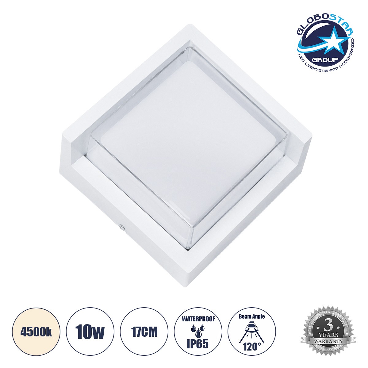 GLOBOSTAR® APEX 60772 Μοντέρνο Φωτιστικό Τοίχου - Απλίκα LED 10W 1050lm 120° AC 220-240V Αδιάβροχο IP65 Φυσικό Λευκό 4500K - Bridgelux SMD Chip - Λευκό Ματ - Μ17 x Π17 x Υ9cm - 3 Χρόνια Εγγύηση