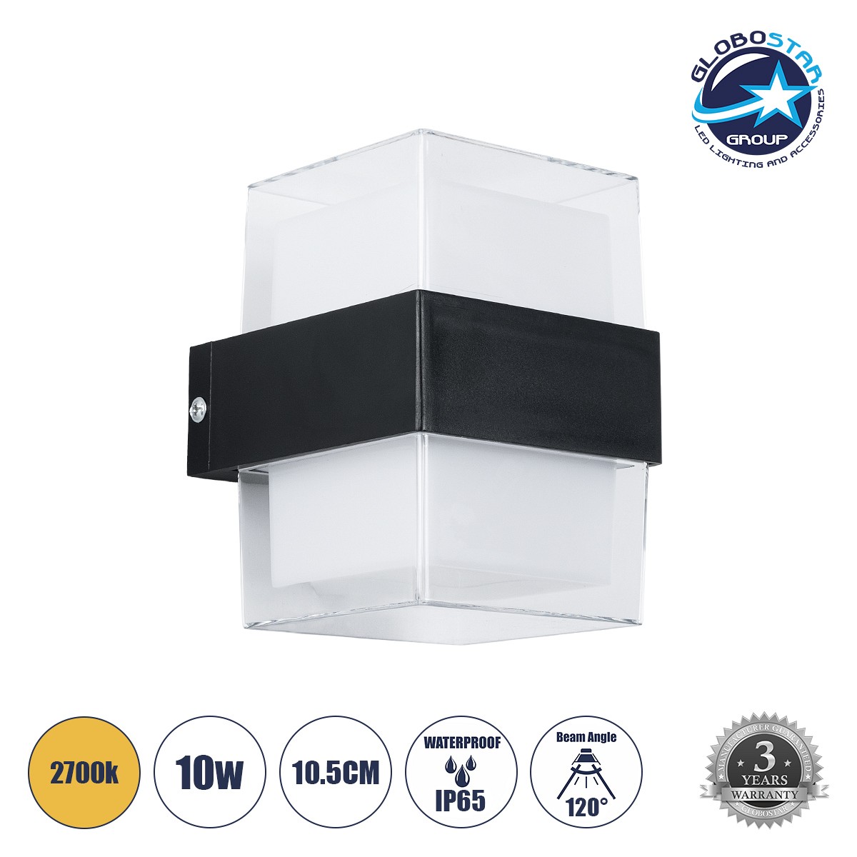 GLOBOSTAR® EMPIRE 60779 Μοντέρνο Φωτιστικό Τοίχου - Απλίκα LED 10W 1050lm 120° AC 220-240V Αδιάβροχο IP65 Θερμό Λευκό 2700K - Bridgelux SMD Chip & TÜV SÜD Driver - Διάφανο & Μαύρο Ματ - Μ10.5 x Π9 x Υ13cm - 3 Χρόνια Εγγύηση