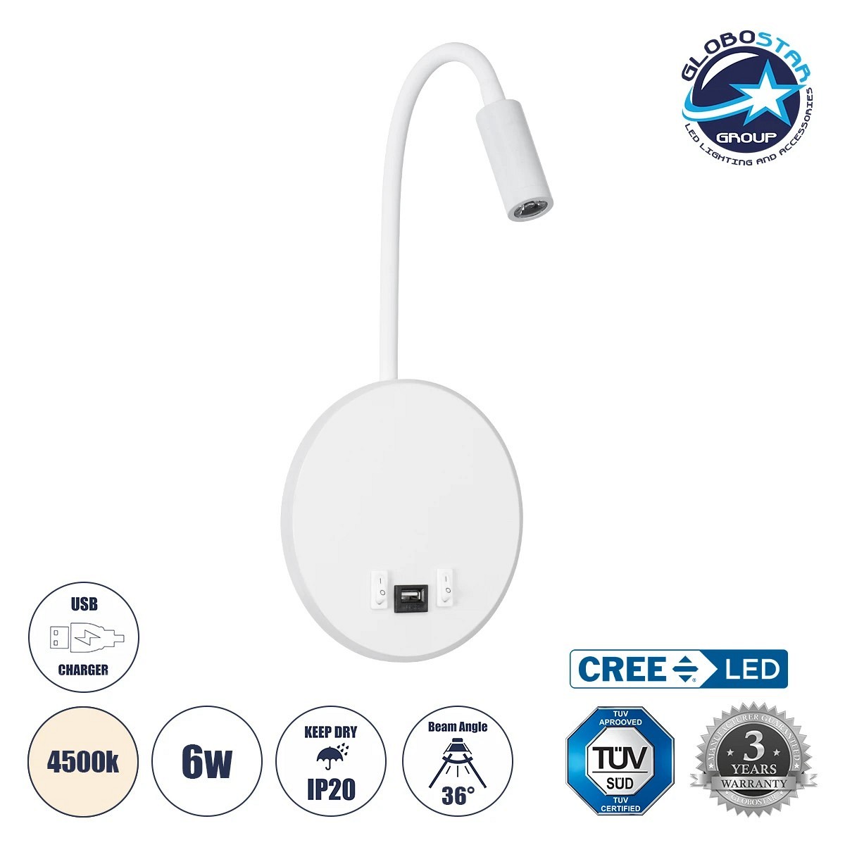 GloboStar® GOOSE 60881 Μοντέρνο Φωτιστικό Τοίχου - Απλίκα Ξενοδοχείου Bed Side LED 6W 600lm 36° & 360° AC 220-240V - Reading Light & 360° Κρυφός Φωτισμός - Φορτιστής USB 3A - Μ15.5 x Π15 x Υ30.5cm - Φυσικό Λευκό 4500K - Λευκό  - 3 Xρόνια Εγγύηση